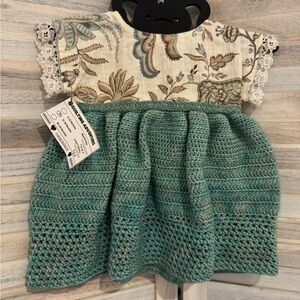 Handmade Crochet Baby Dress Teal & Ivory Floral Bodice with Keepsake Hanger